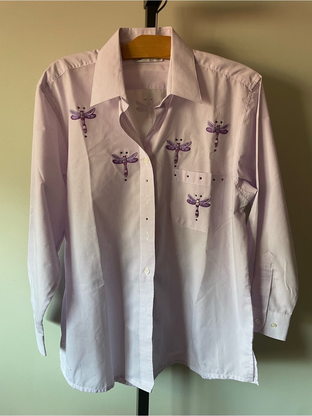 Y2K Vintage Hana Dragonfly Embroidered Pinstripe Button Down Shirt Purple